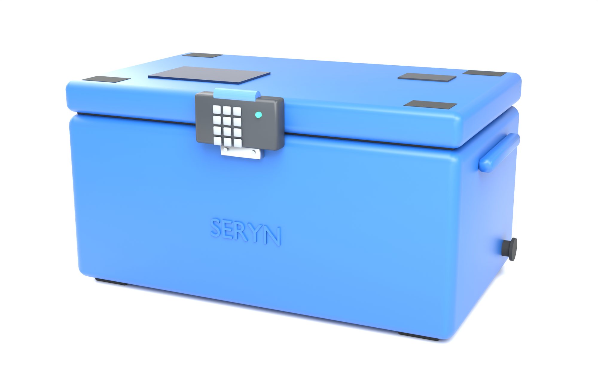 The Seryn crate: a blue insulated crate the size of a standard produce crate, with a keypad lock on the lid